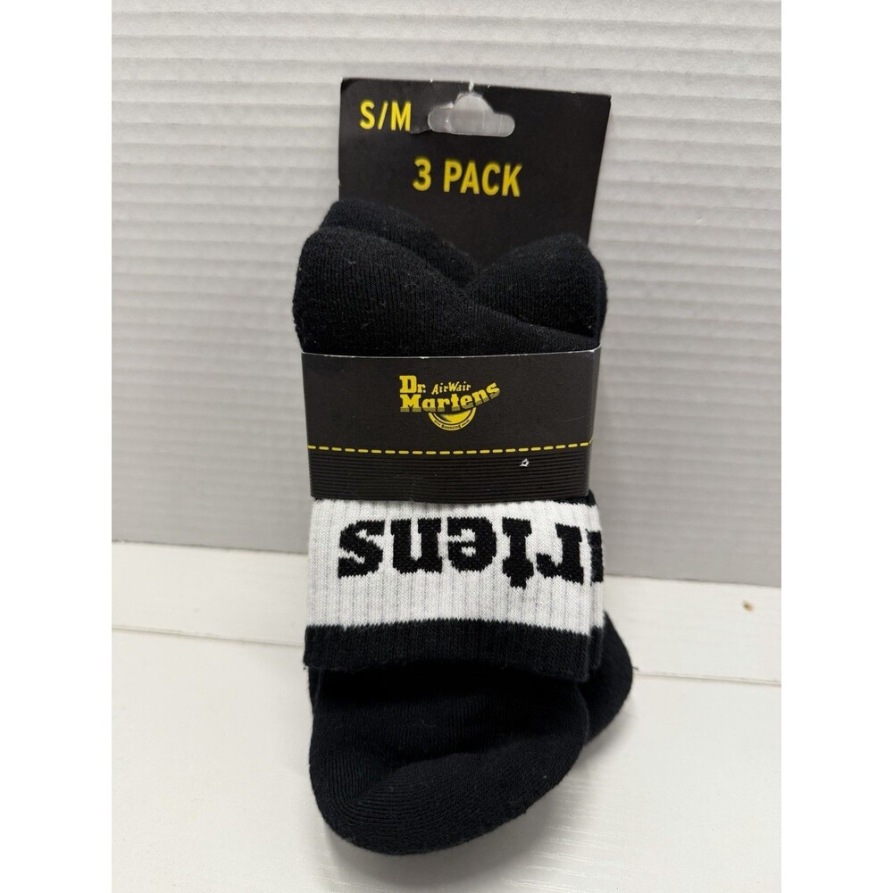 Dr. Martens 3 Pack Athletic Crew Socks Black White Logo S/M US 3-8 NWT